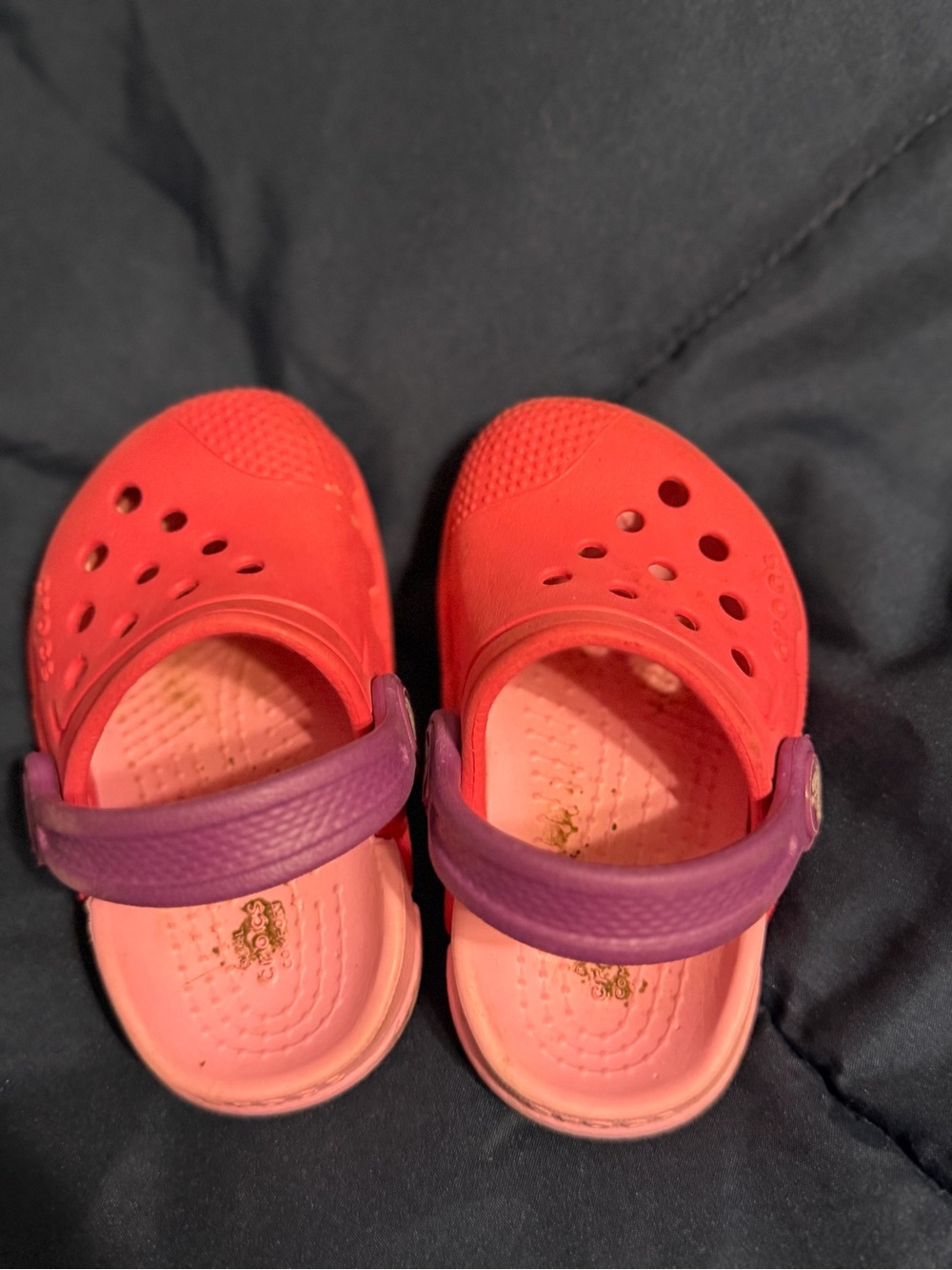 Crocs Kids Red and Pink Slip-On Sandals with Purple Strap